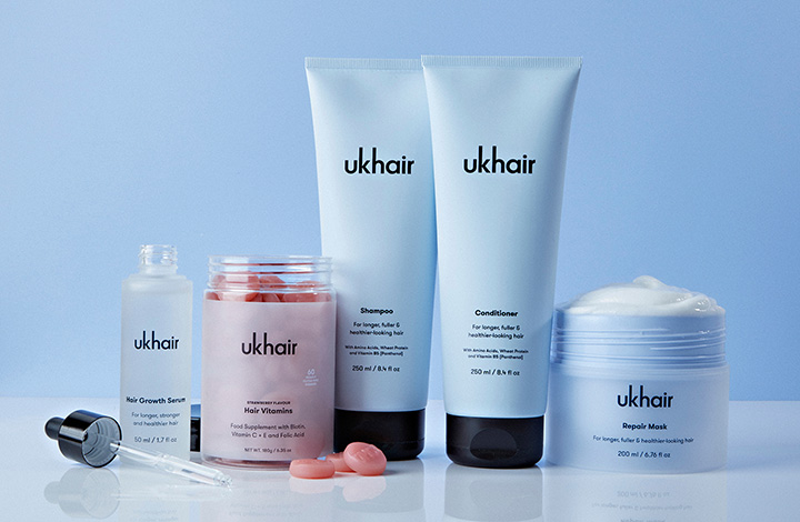 UKHAIR product range against a blue back drop