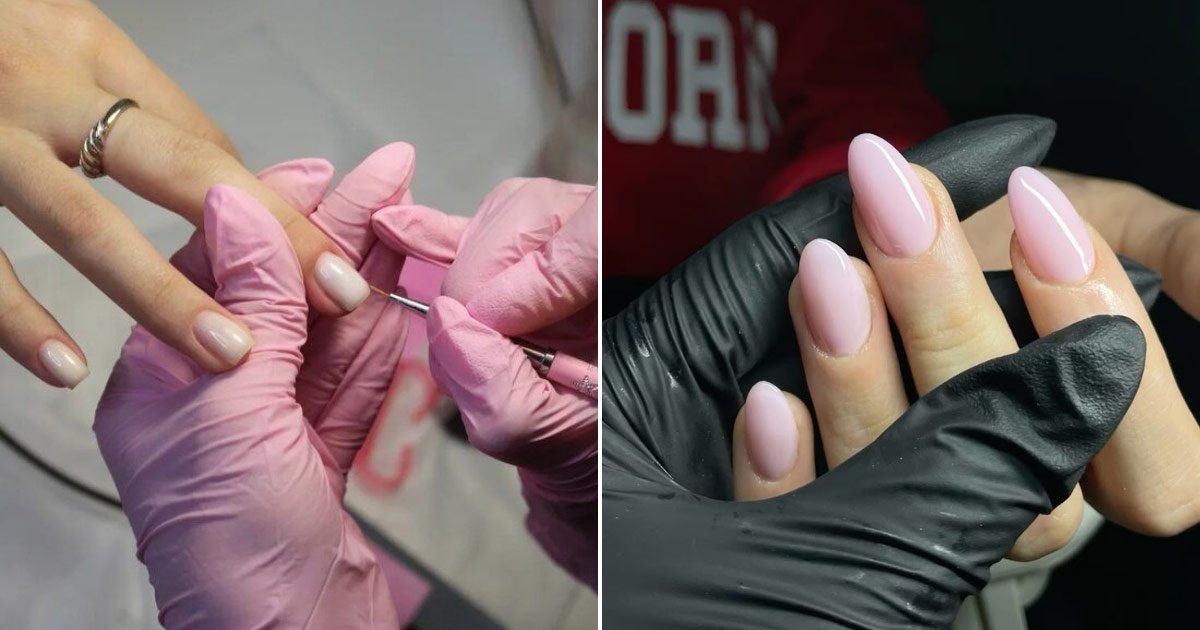 Two images side by side, one showing the application of BIAB, and the other showing the resulting look