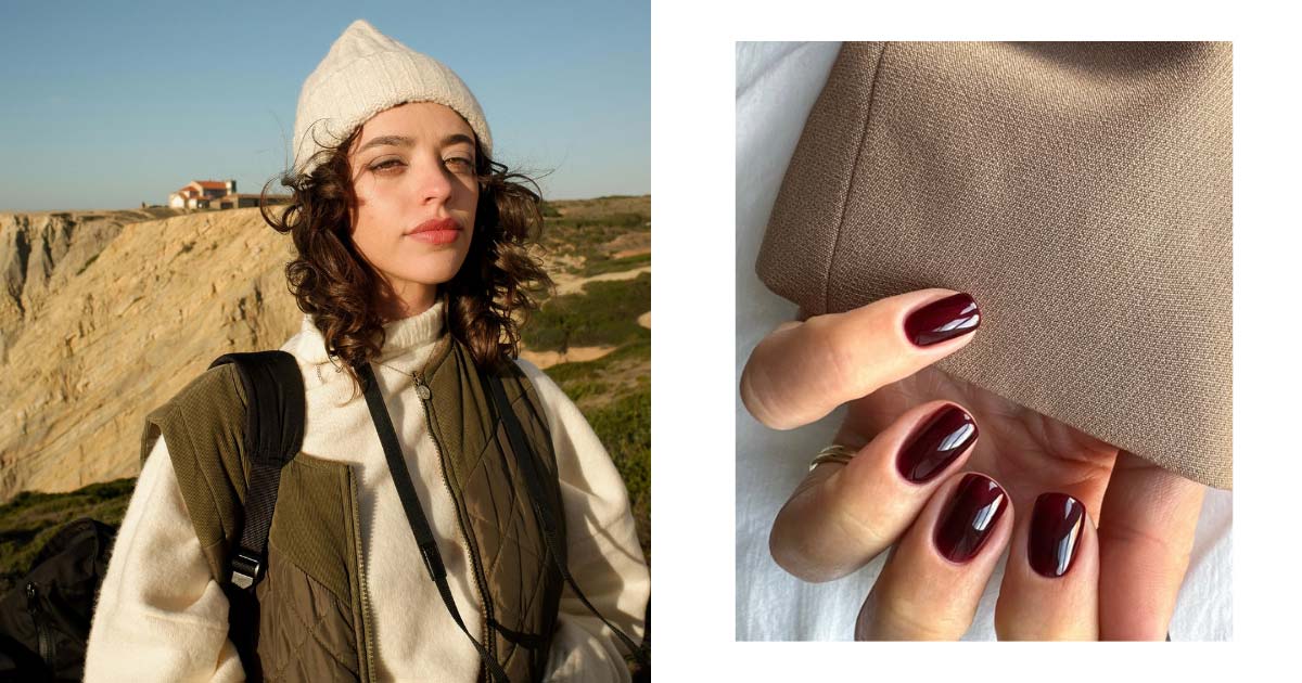 Two photos side by side, one of a woman dressed in warm clothing, and one showing a maroon manicure set