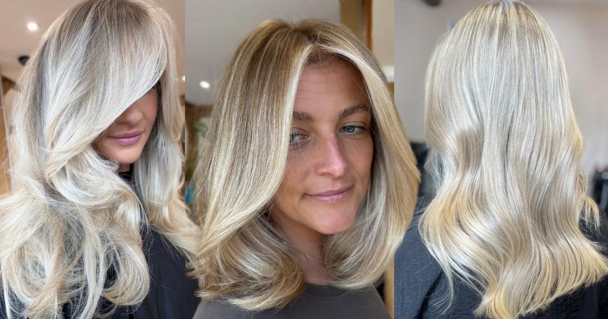 Three blonde models ranging from cool tones to a warmer blonde