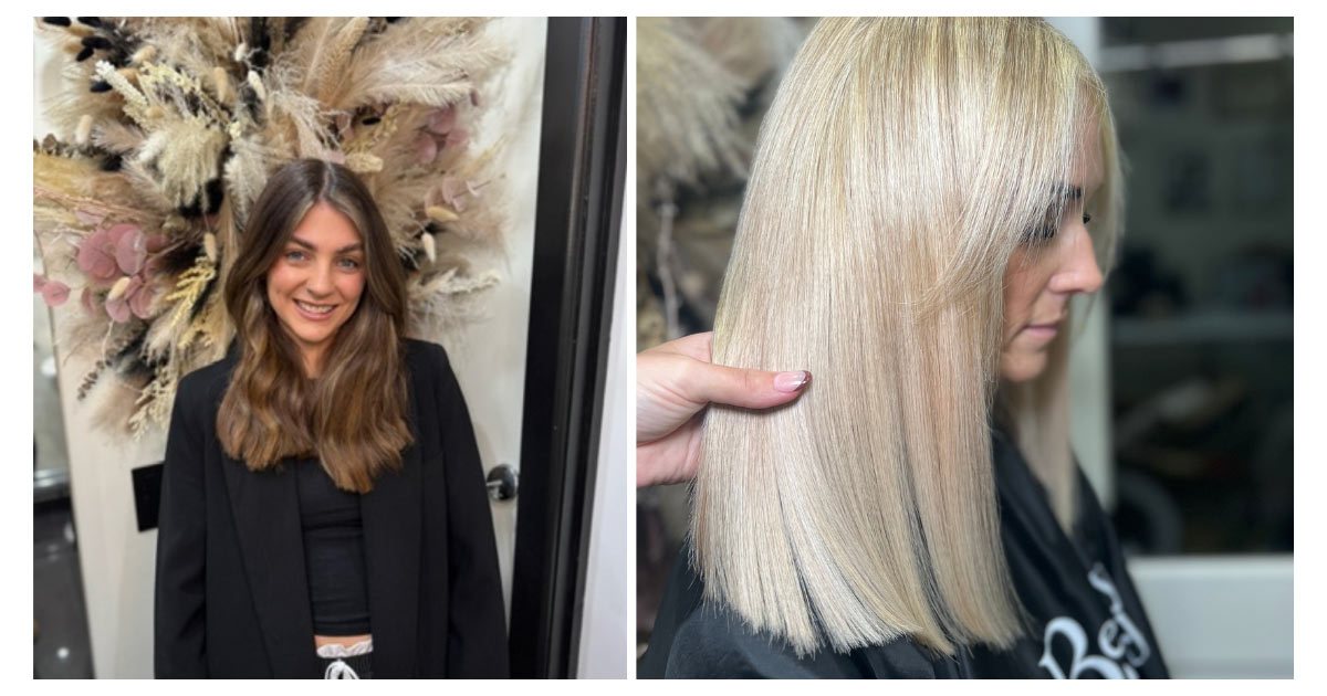 Two images side by side, one of Holly, and one of a model with platinum blonde hair