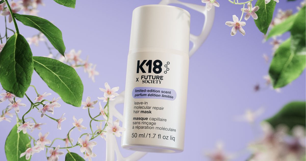 K18 x Future Society Leave-in Molecular Repair Hair Mask 50mlK18 x Future Society Leave-in Molecular Repair Hair Mask 50m against floral graphicsl