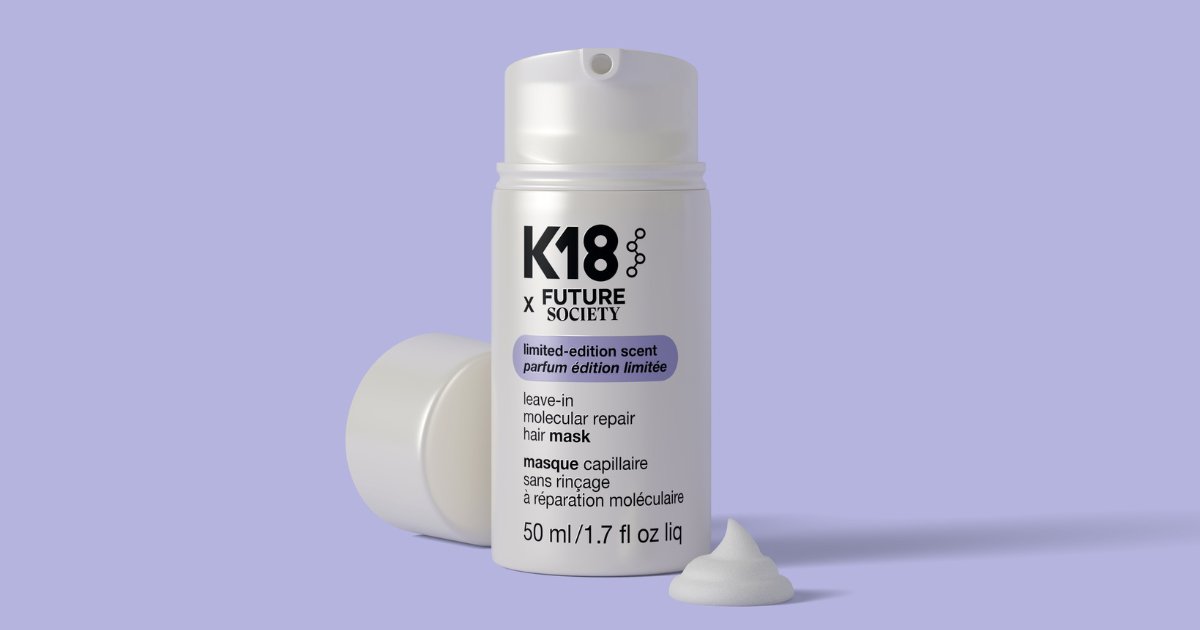 K18 x Future Society Leave-in Molecular Repair Hair Mask 50ml with dollop next to it