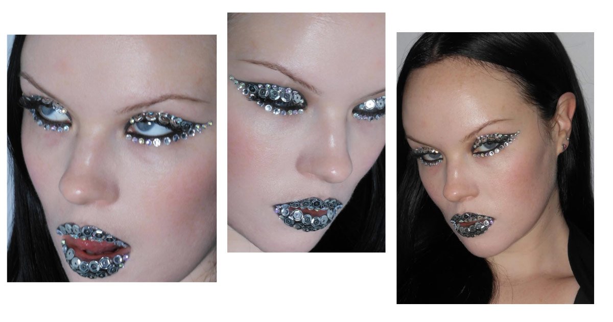 Three close-up photos of a person with avant-garde makeup consisting of silver sequins and rhinestones applied across their eyelids and lips.