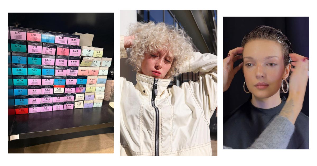Shelf of colourful hair dye boxes, a person with blonde curly hair outside, and a person getting their hair slicked back.
