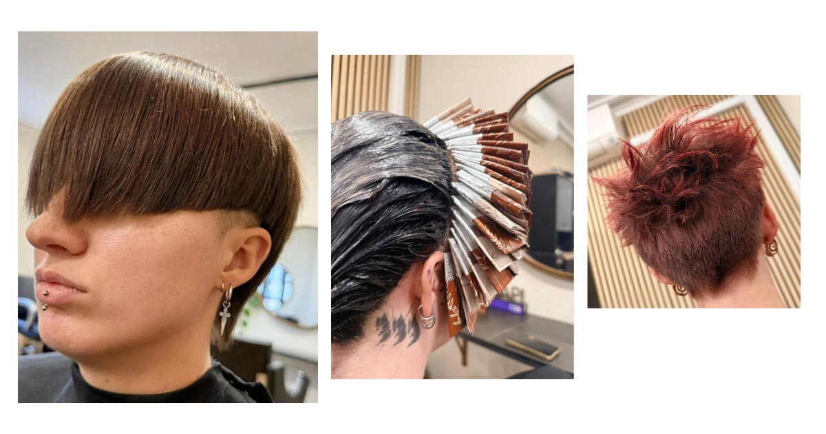 A person with a short, brown, bowl-cut style, a person getting highlights in foils, and a spiked red short haircut from the back.