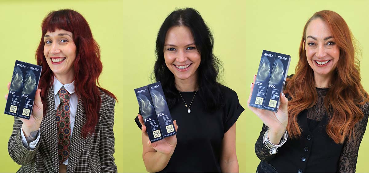 Three Indola Ambassadors, each holding two of the Indola PCC boxes