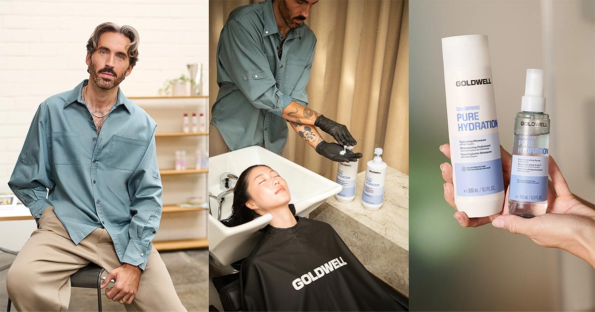 A collage of Ethan using Goldwell Dualsenses Pure Hydration products