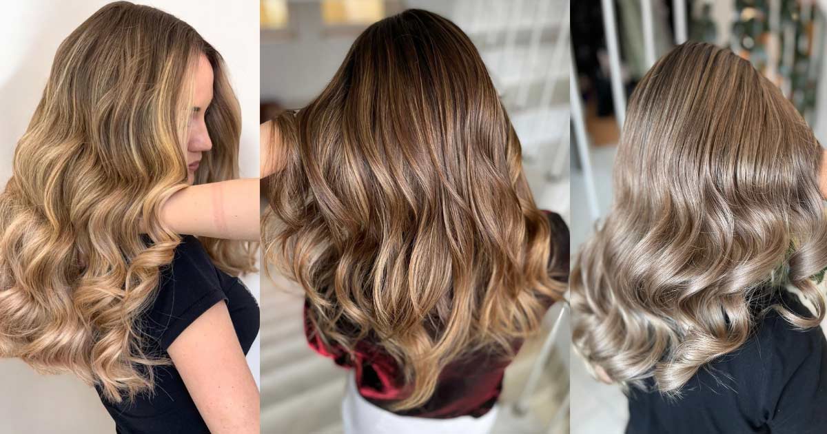 Three-panel collage showing wavy hair with different balayage highlights: golden blonde, warm chestnut brown, and ash blonde.