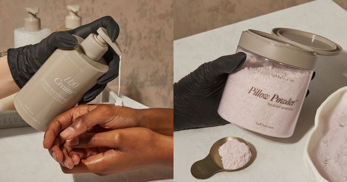 A split image showing a professional spa treatment: on the left, a gloved hand pumps H20 Cream onto a person's hands; on the right, a gloved hand holds a jar of Pillow Powder next to a scoop of pink soak.