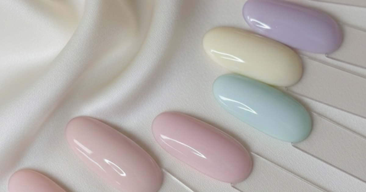 A top-down view of several almond-shaped nail swatches in soft pastel colours, including mint green, pale yellow, lavender, and various shades of blush pink, arranged on a draped white silk background.