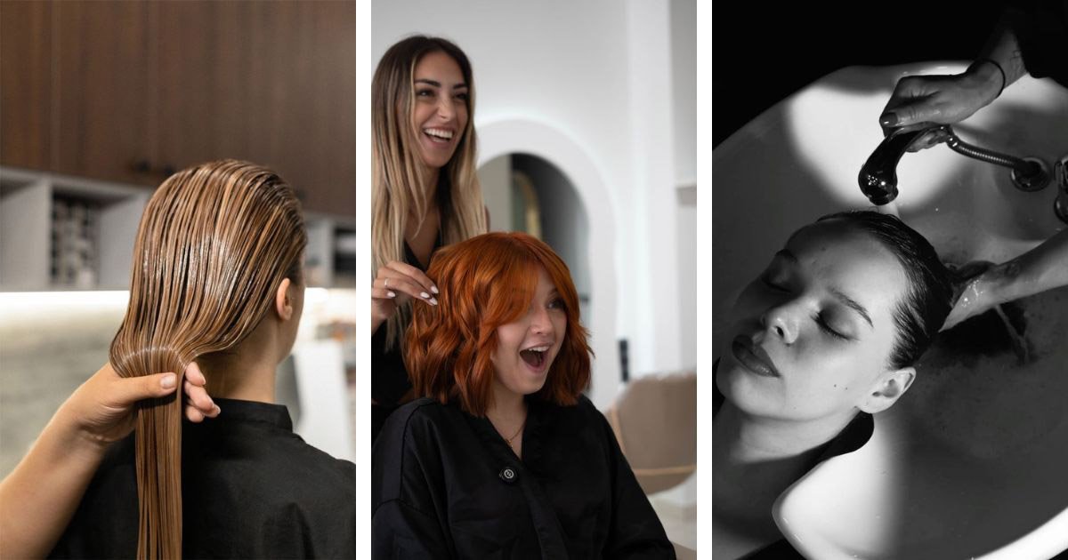 Images of clients recieving bond builders on their hair at various stages