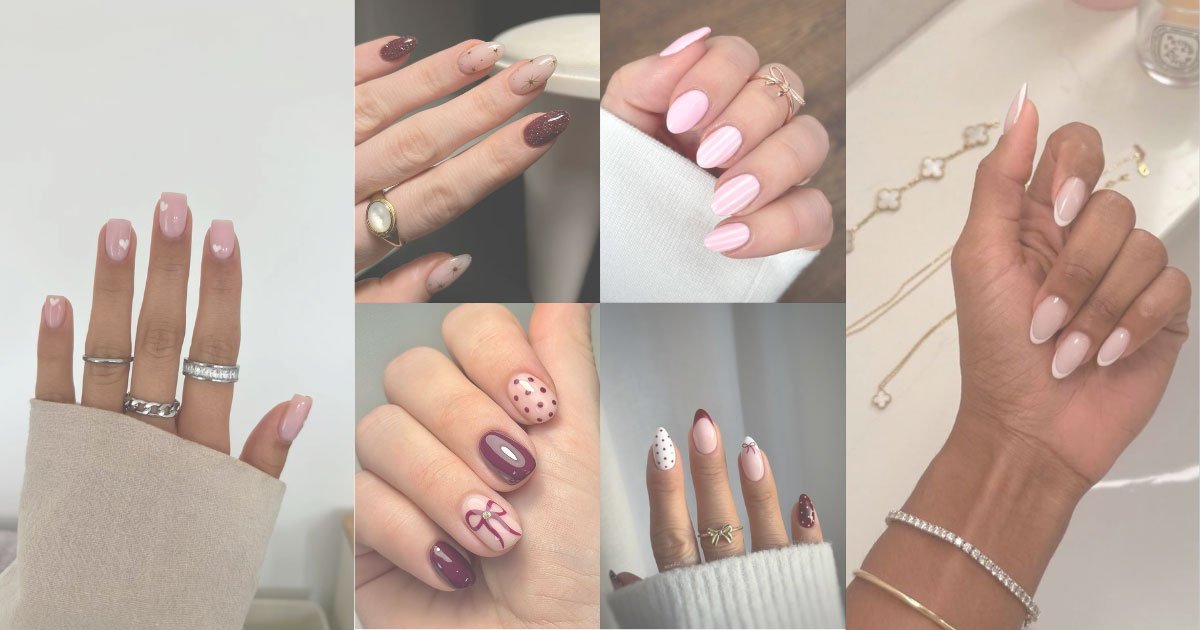 A selection of simplistic BIAB nail art, with nude bases and simplistic pink designs on top