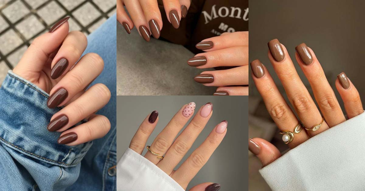 Examples of brown BIAB nails, mostly plain but one hand has a clear base coat with brown nail art on top