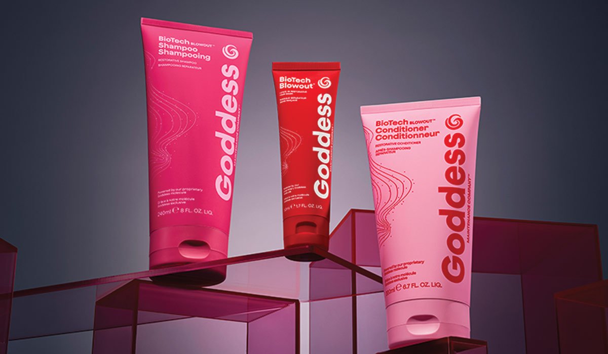 BioTech Blowout™ restorative hair care product line by Goddess Maintenance Company, including their Shampoo, Leave-In Restorative Hair Mask, and Conditioner.