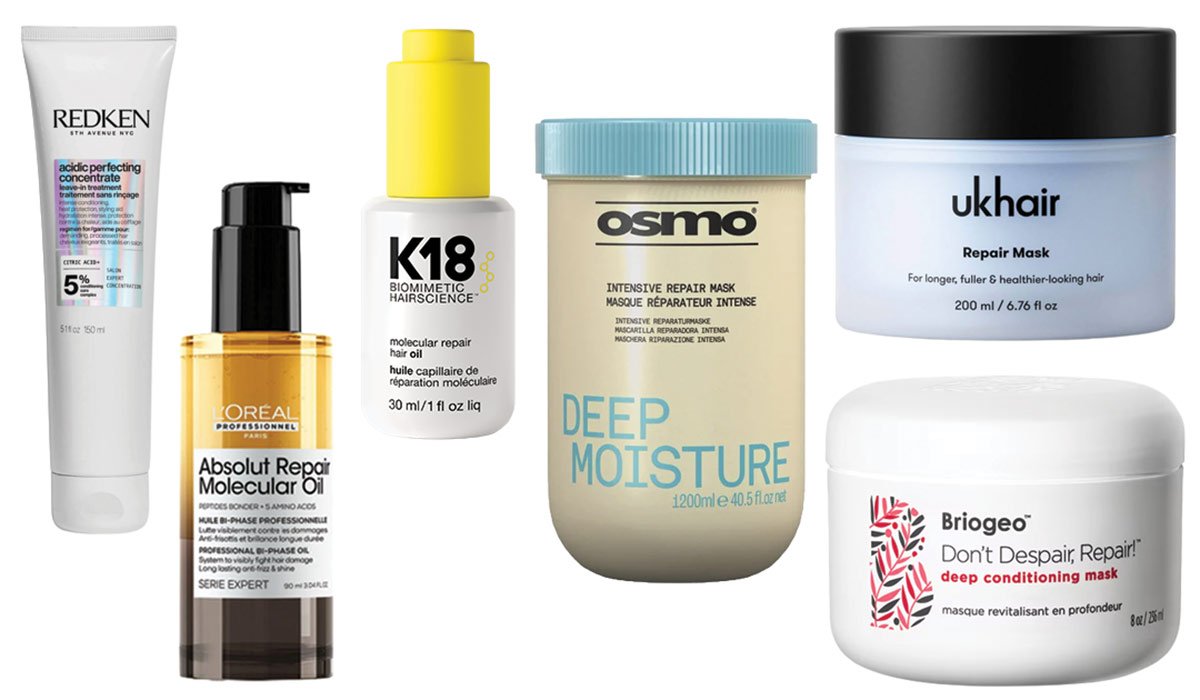 Assorted hair repair treatments, oils, and deep conditioning masks displayed on a white background.
