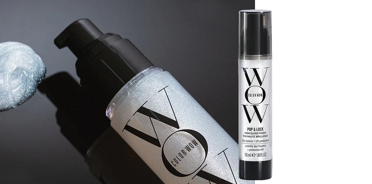 A split view of a Color Wow Pop & Lock bottle, showing its glittering silver serum texture on the left and the full bottle against a black background on the right.