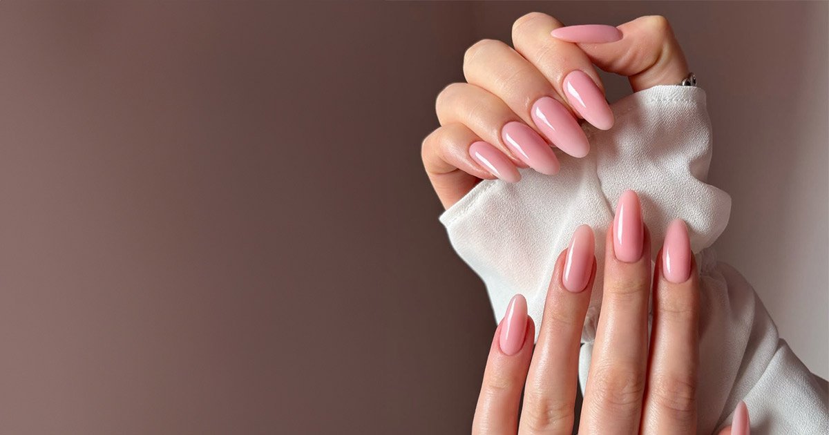 A Manicure set made using Glitterbels new PureSculpt Hard Gel. The nails are a light pink shade.