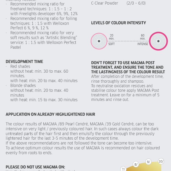 Development time, application on already highlighted hair, levels of colour intensity - don't forget to use magma post treatment, and ensure the tone and the lastingness of the colour result